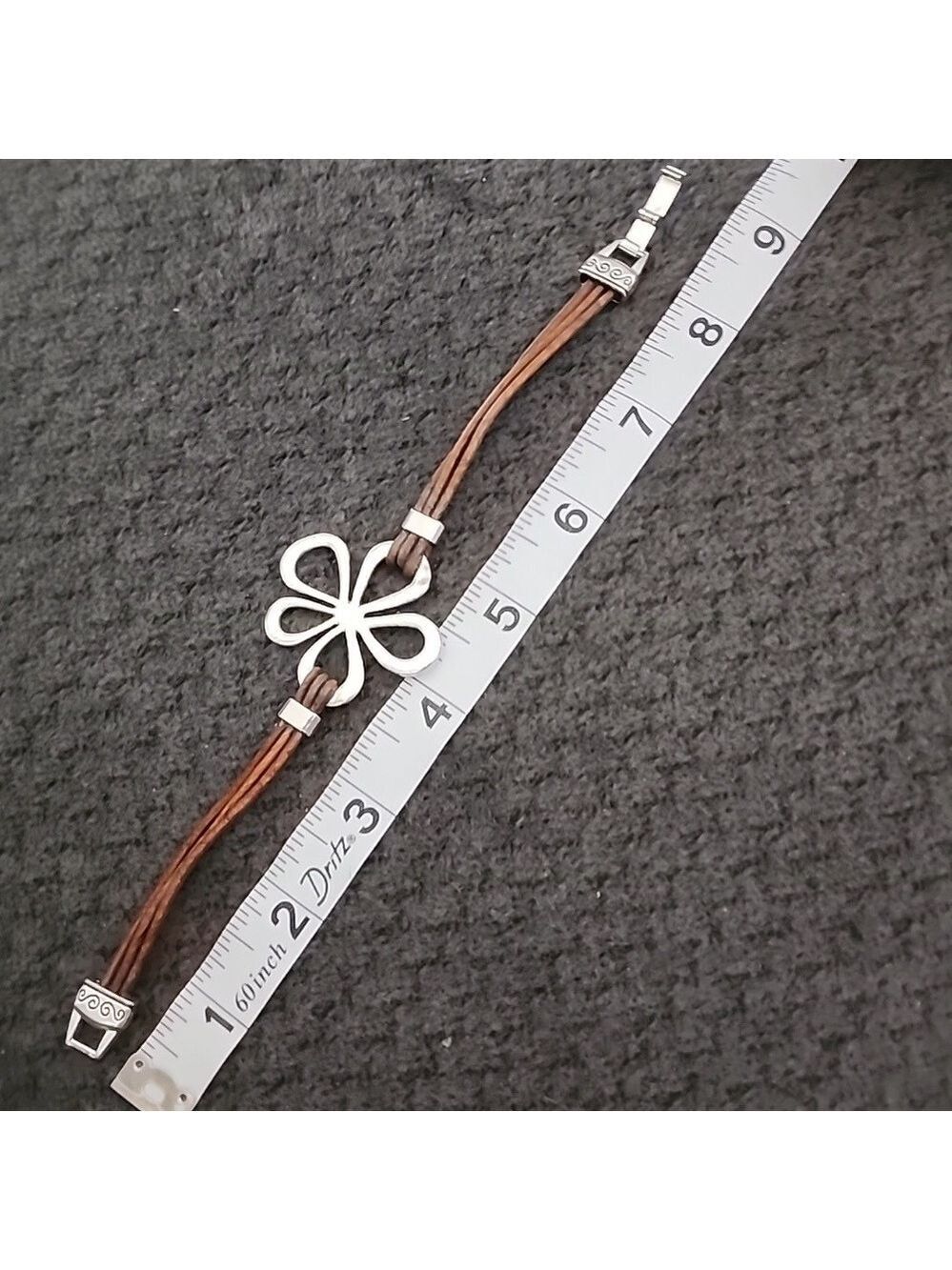 Silvertone Flower Bracelet Brown Cord - Picture 6 of 6